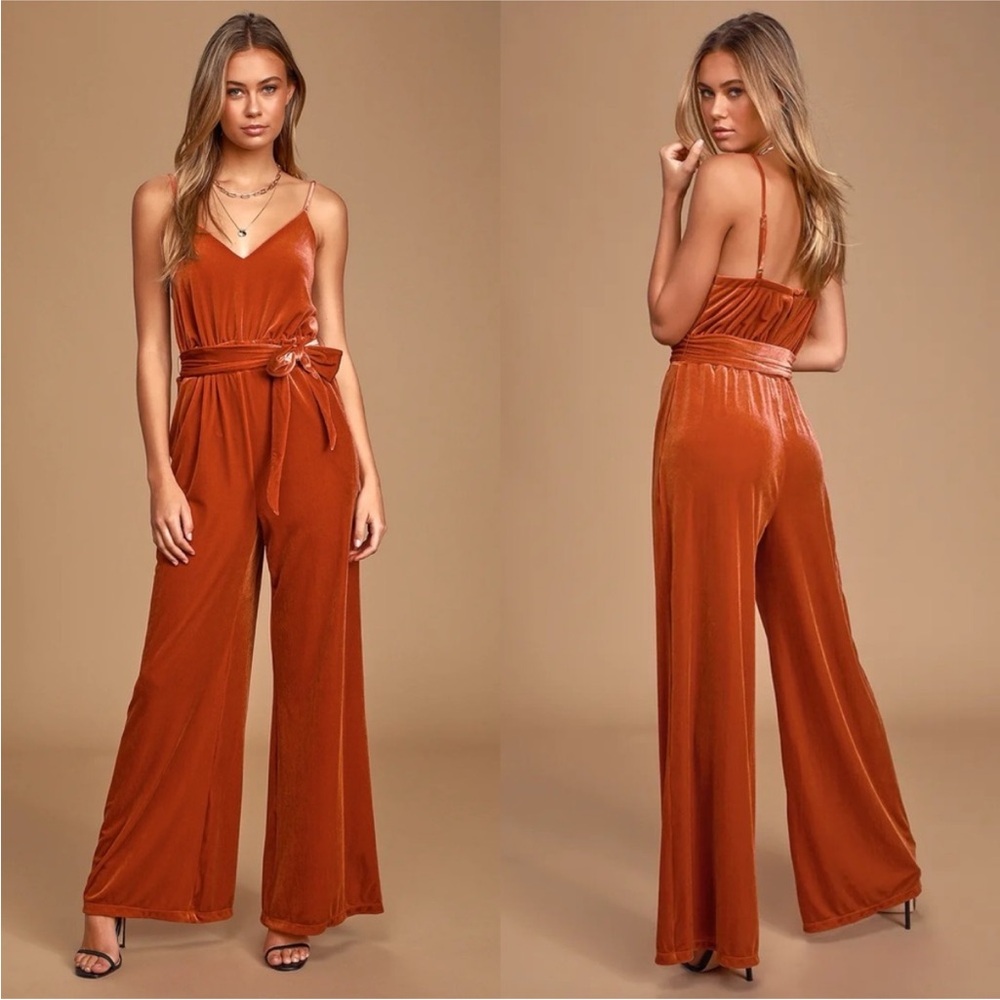 The Jet Set Diaries Lash Out Copper Velvet Wide Leg Sleeveless Jumpsuit Size XS